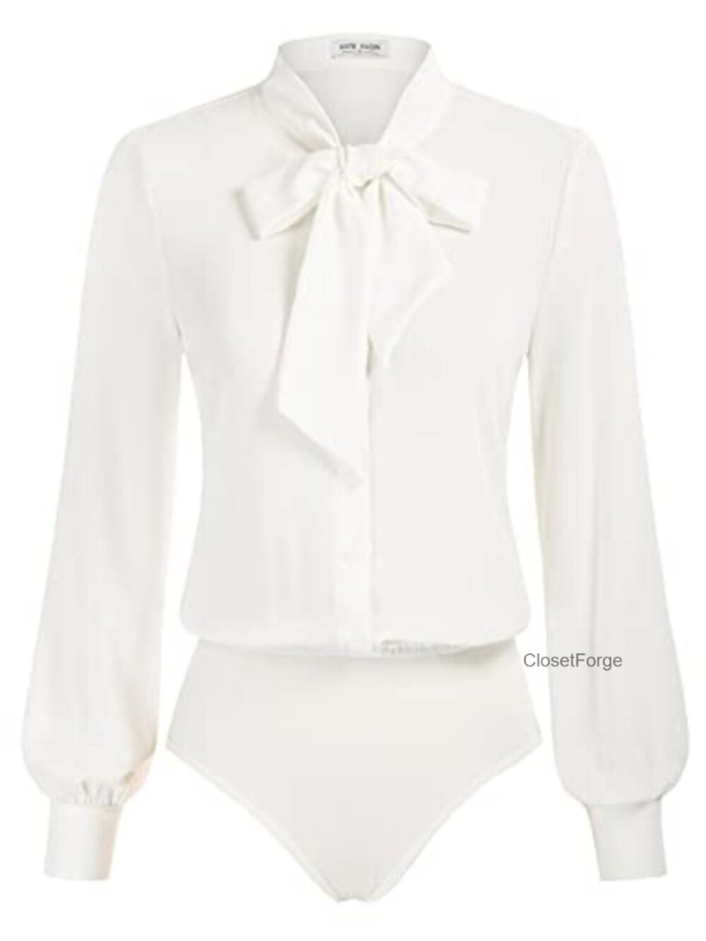 Women's Bow Tie Neck Blouse Bodysuit, Long Sleeve Button Front Cotton Blend Top